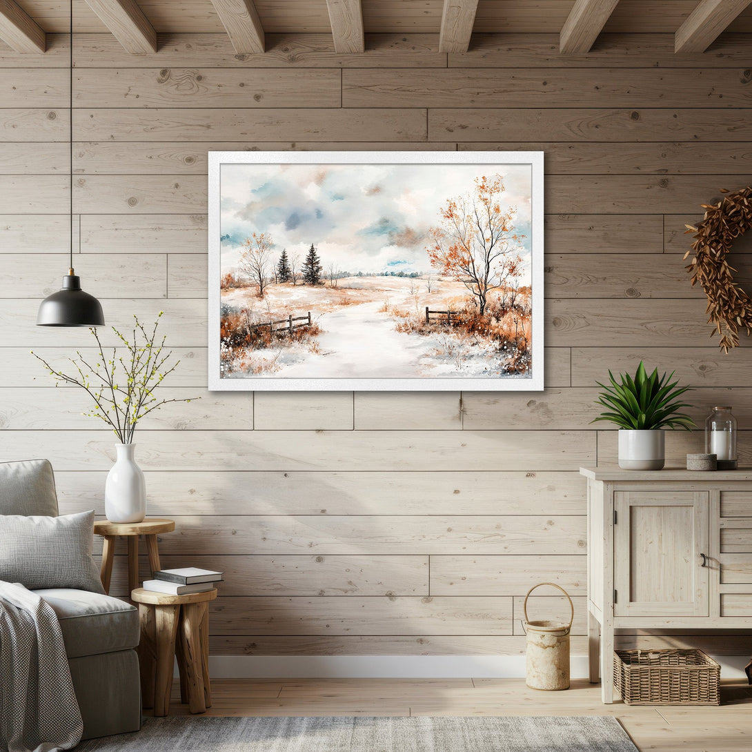 Framed Poster featuring a watercolor landscape painting with a snowy path, warm autumn colors, and a rustic style. Perfect for home decor.