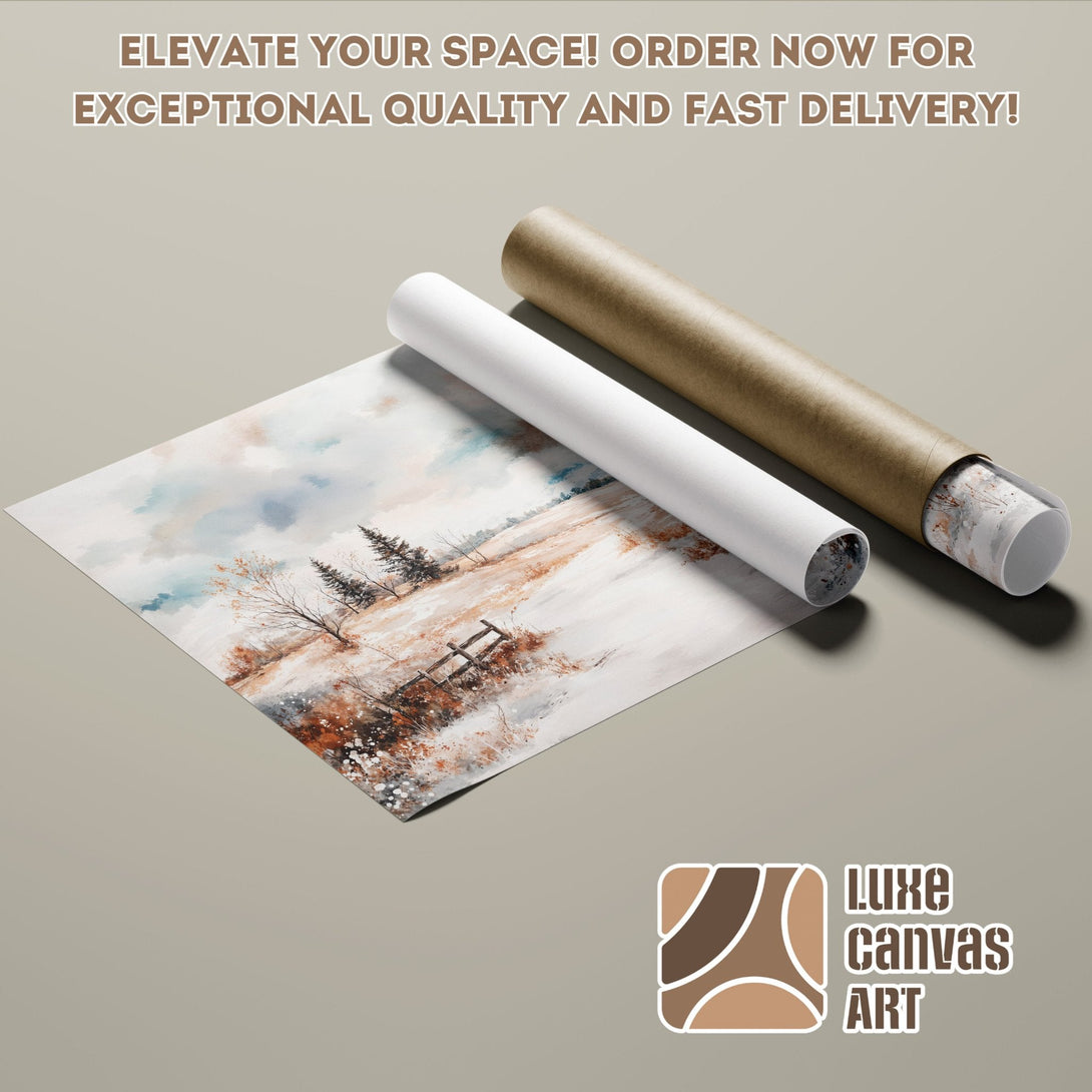 Winter landscape art Poster Roll, watercolor style, neutral color palette. Elevate your space today!