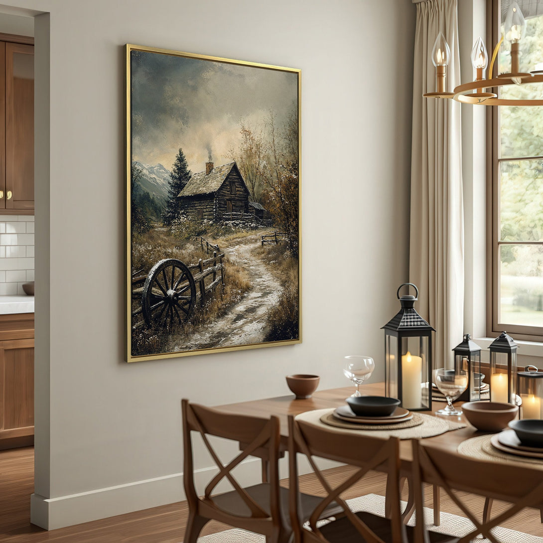 Canvas Print of a rustic cabin scene in a muted, earthy color palette. Perfect for farmhouse or cozy decor.