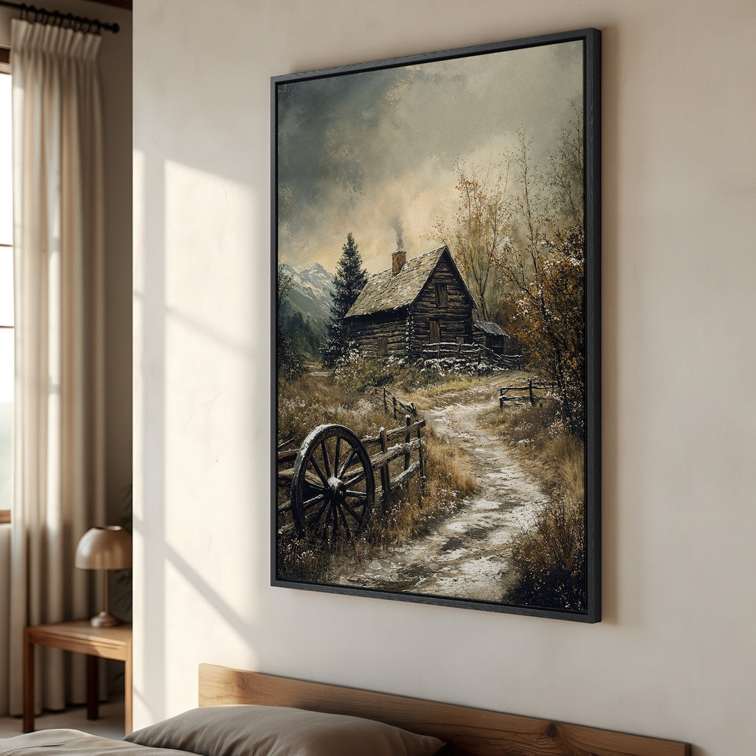 Framed Wall Art: Rustic cabin landscape Canvas Print, neutral earth tones and muted colors, perfect for adding a cozy, vintage vibe to any room.
