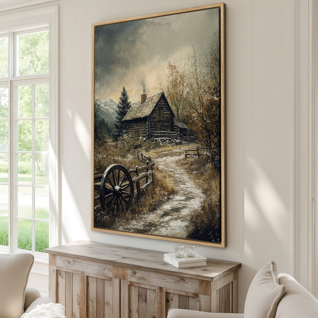 Framed Wall Art: Rustic cabin landscape Canvas Print in muted earth tones. Perfect for adding a touch of cozy, vintage charm to your home decor.