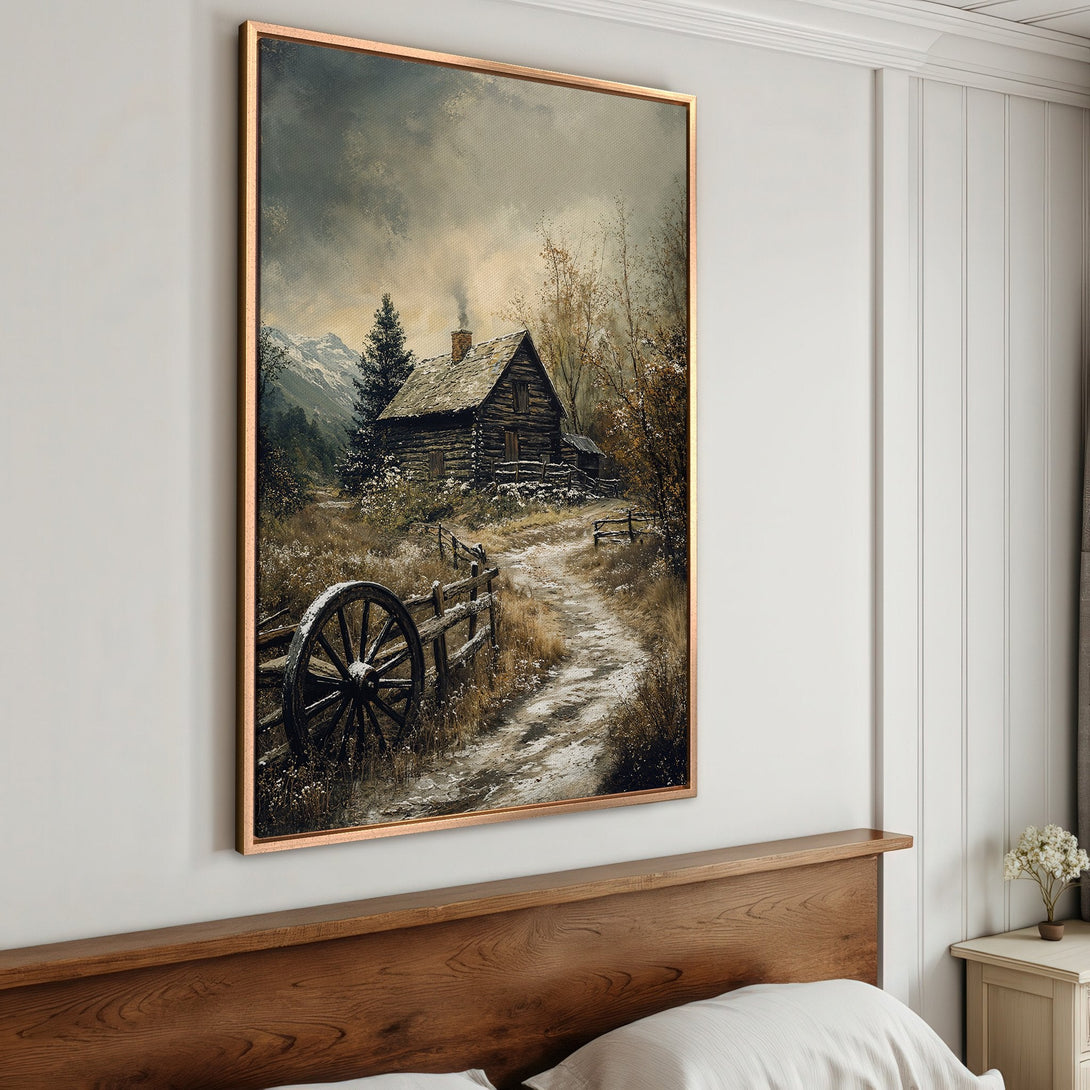 Framed Wall Art: Rustic cabin landscape Canvas Print. Warm, neutral color palette with a vintage, impressionistic style. Perfect for cozy home decor.