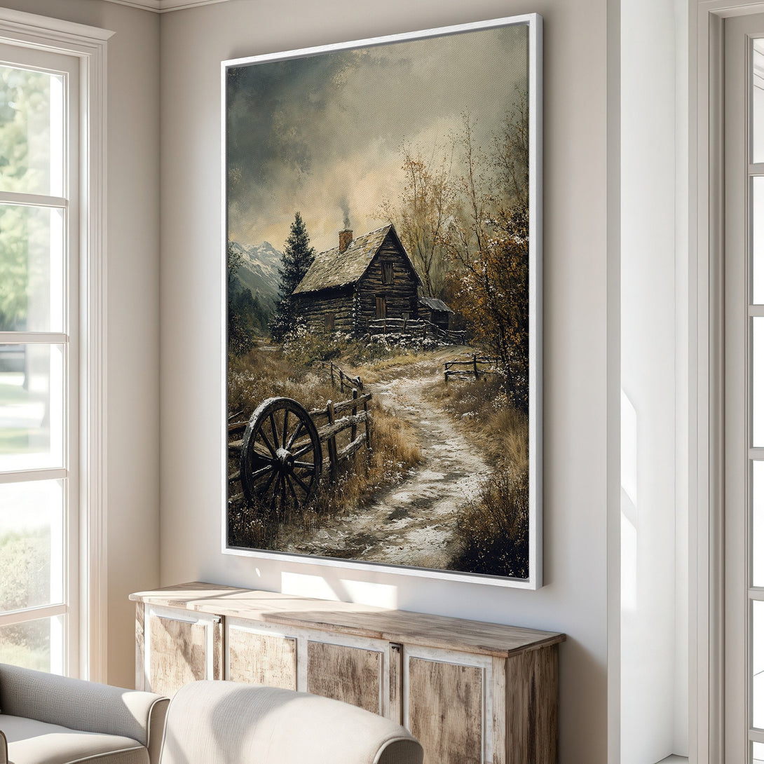 Framed Wall Art: Rustic cabin landscape in a muted, earthy palette. Bring the cozy charm of a winter scene into your home with this beautiful Canvas Print.
