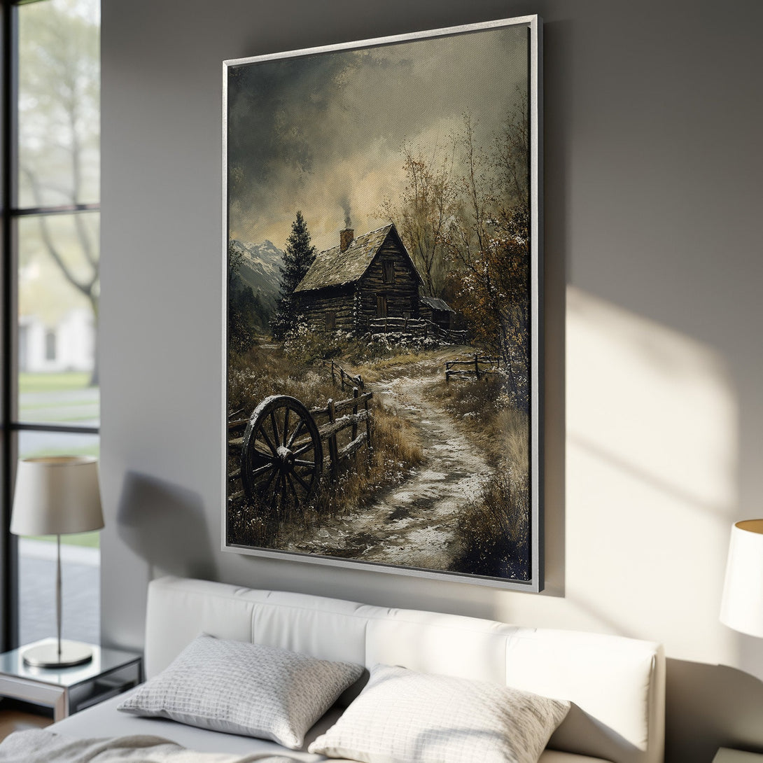 Framed Wall Art featuring a cabin scene in a vintage style, with a muted, earthy color palette. Perfect for rustic decor.