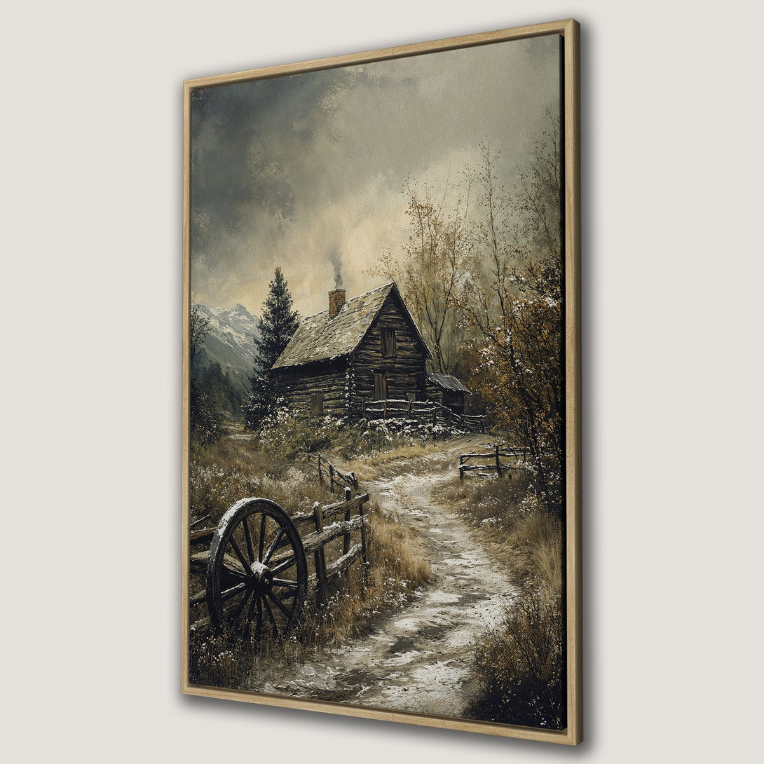 Framed Wall Art featuring a rustic cabin in a winter landscape, painted in a vintage style with a muted, warm color palette. Perfect for cozy home decor.