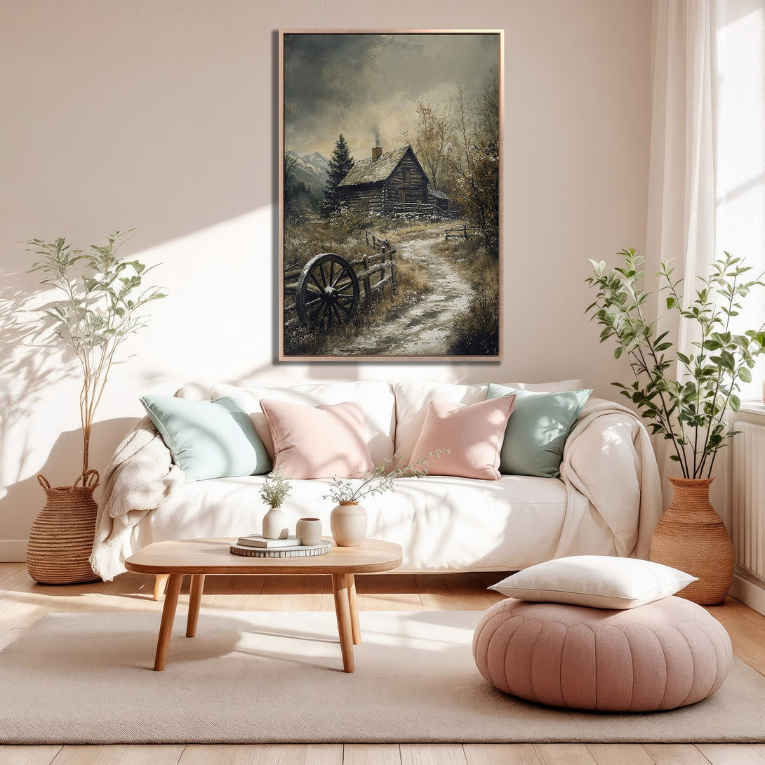 Framed Wall Art: Rustic cabin scene in muted earth tones. Perfect for adding a cozy, vintage vibe to your living room decor.
