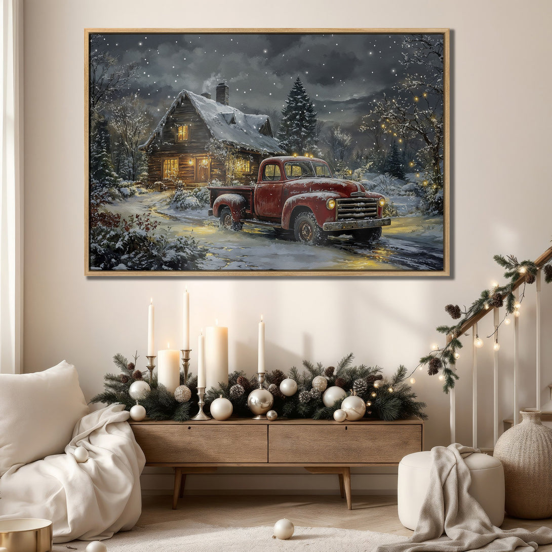 Framed Wall Art featuring a cozy winter scene with a red truck and snowy cabin. Warm, inviting color palette perfect for holiday decor.