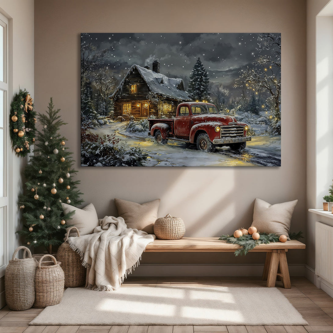 Framed Wall Art: Winter scene with red truck & cabin. Rustic style, warm & cool tones. Perfect for cozy home decor.