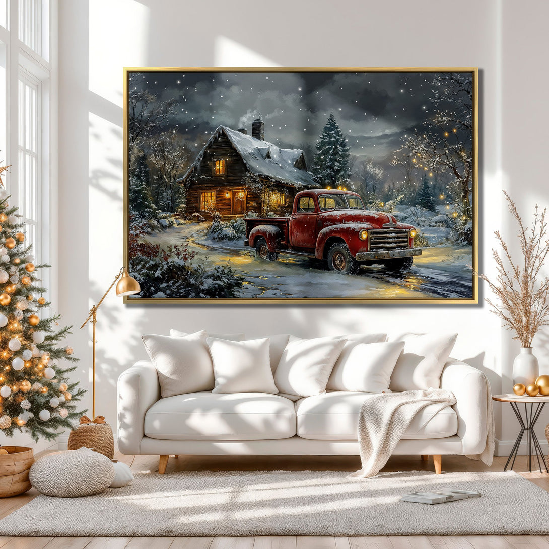 Canvas Print of a cozy winter scene with a red truck and cabin, warm color palette, perfect for holiday decor.