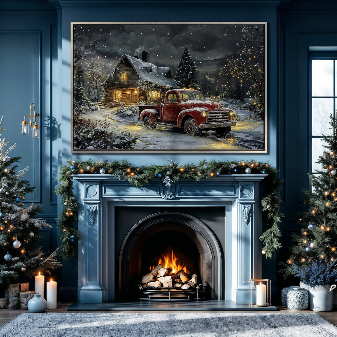 Framed Wall Art: Cozy winter scene with a red truck and snowy cabin. Warm, inviting colors in a classic style. Perfect for holiday decor!