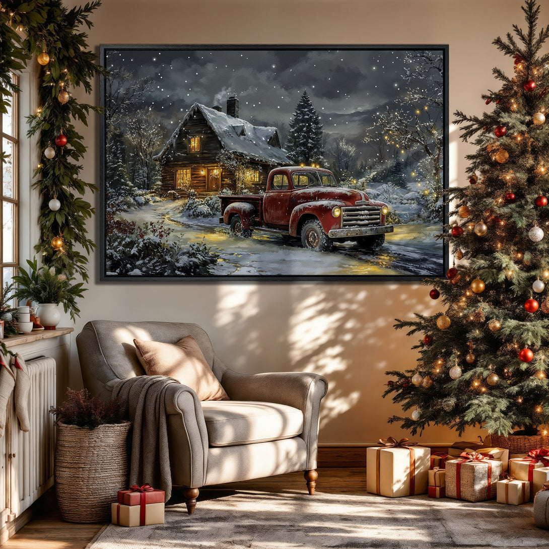Framed Wall Art: Winter scene with a red truck, snowy cabin, and warm lighting. Perfect for cozy holiday decor, featuring a rustic style and a warm color palette.