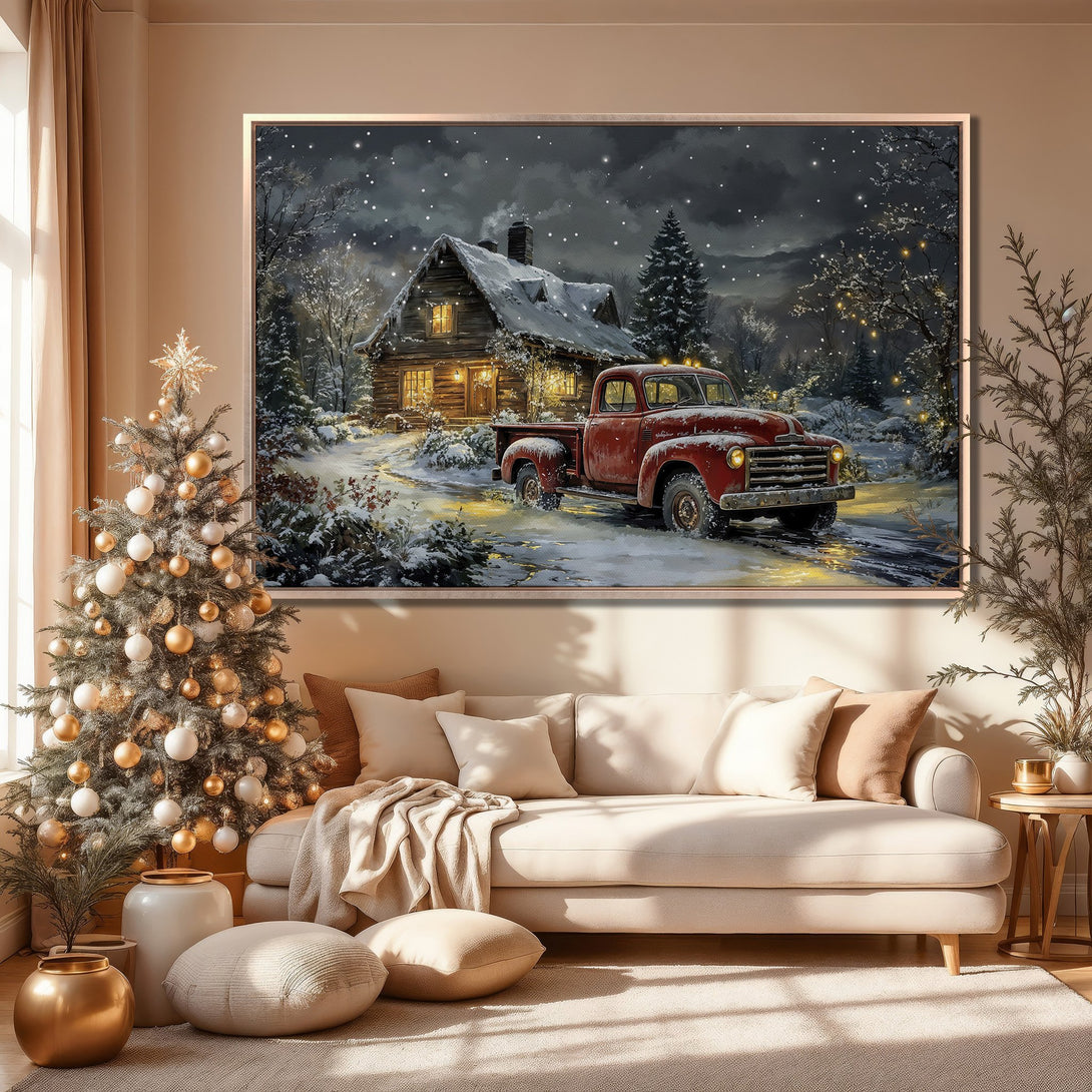 Framed Wall Art: Cozy winter scene with a red truck and cabin. Warm neutral tones with pops of red, perfect for holiday decor. Bring the magic home!