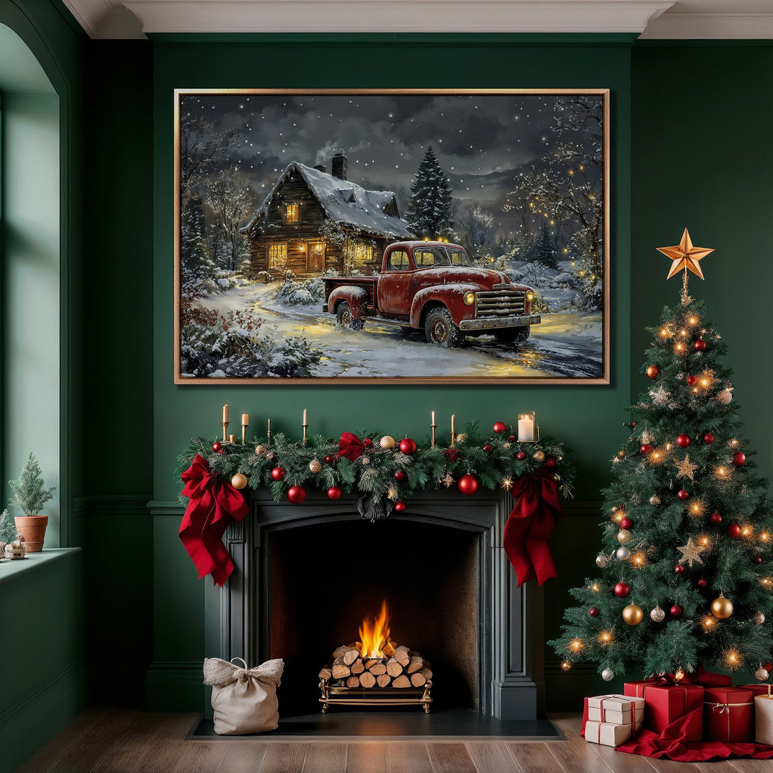 Framed Wall Art: Cozy winter scene with red truck & cabin, warm lighting, and snowy landscape. Rich red, green, and gold color palette. Perfect holiday decor!
