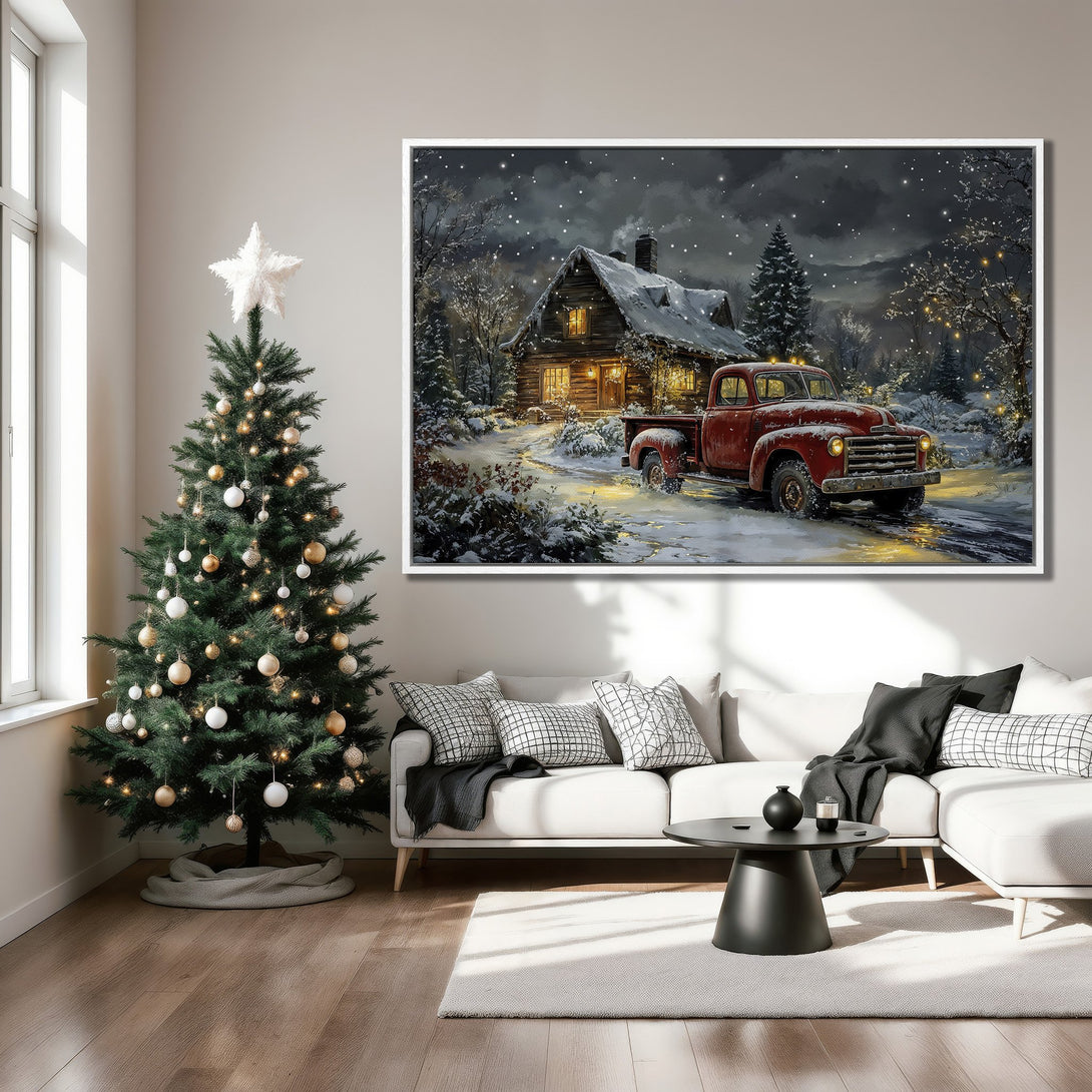 Framed Wall Art: Cozy winter scene with red truck & cabin in snowy landscape. Warm color palette. Perfect holiday decor.