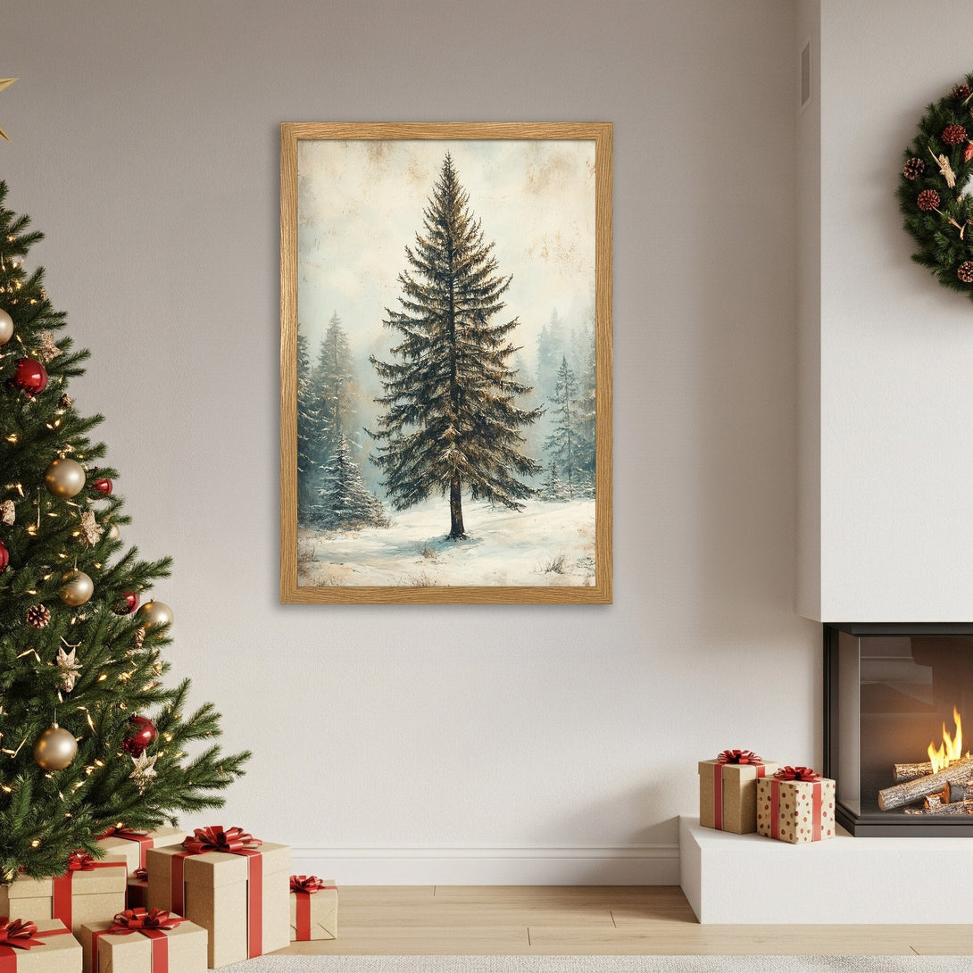 Framed Poster featuring a winter forest scene. Rustic style with a muted, natural color palette. Perfect for cozy home decor.