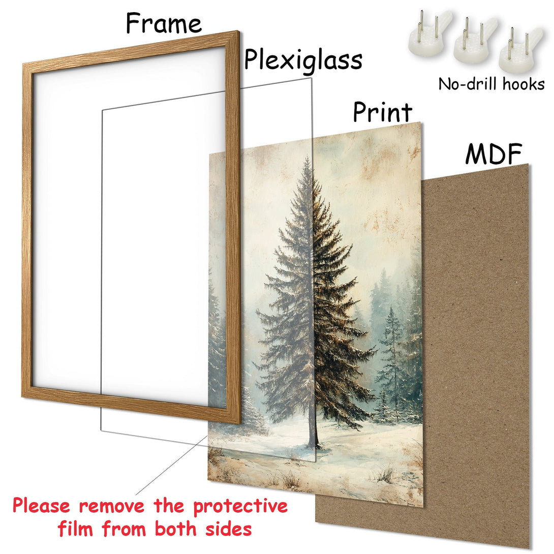 Framed Poster of a winter forest scene in a vintage style. Neutral color palette with brown frame. Ready to hang art.