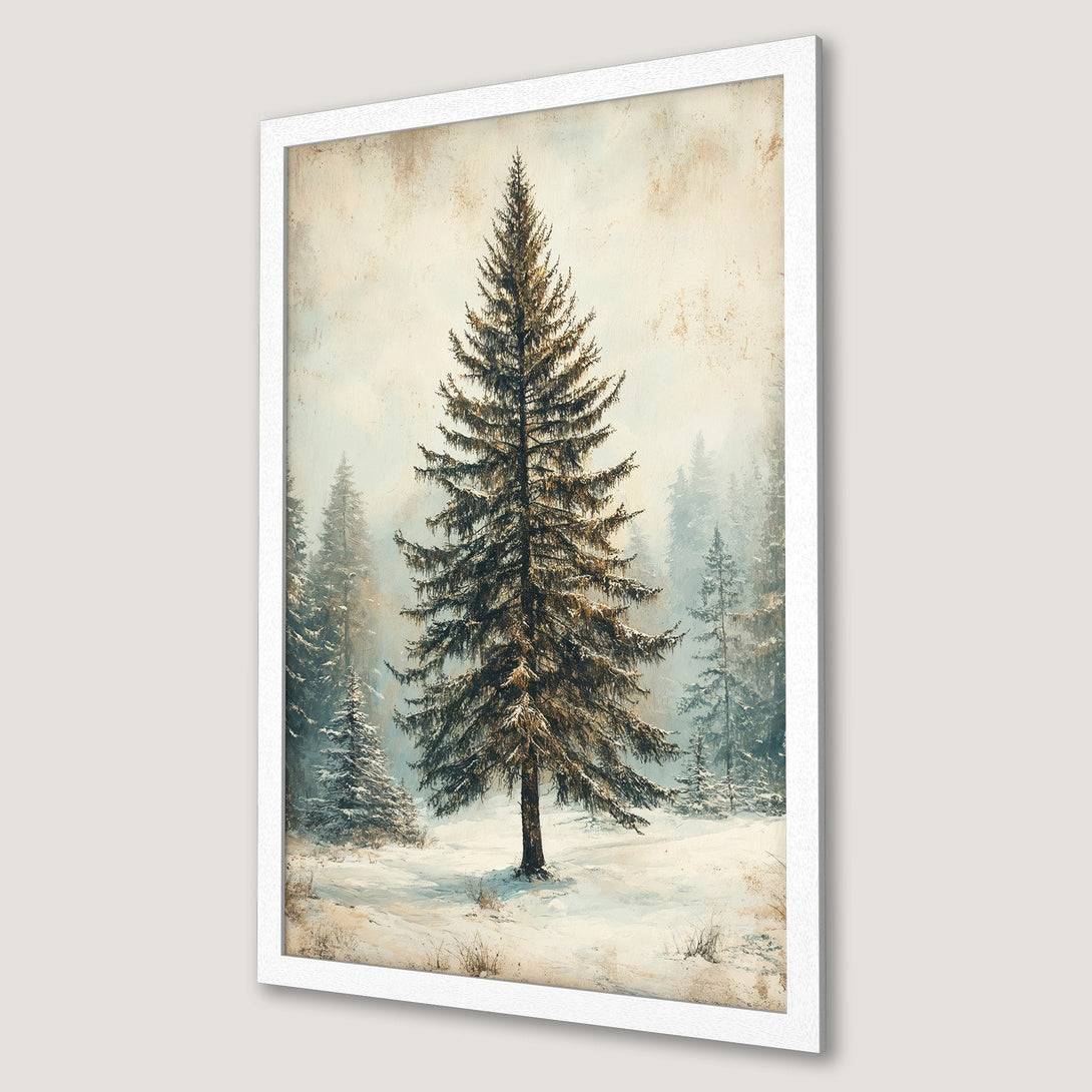 Framed Poster of a winter forest scene. Rustic style with a muted color palette of browns, greens, and whites. Perfect wall art.