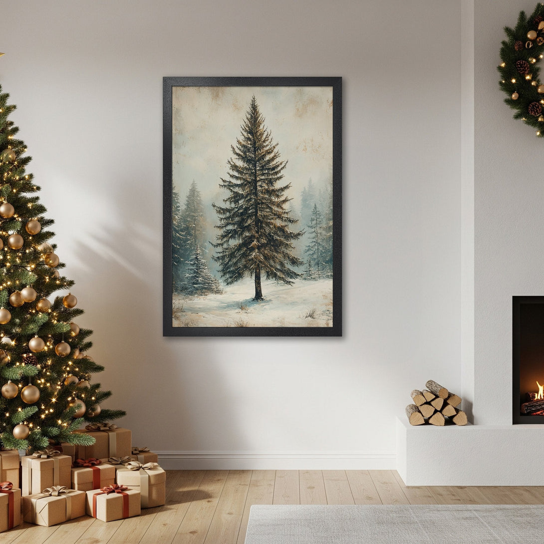 Framed Poster featuring a winter forest scene with a muted color palette, perfect for cozy home decor.