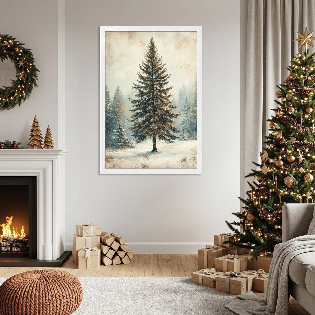 Framed Poster featuring a winter forest scene. Neutral color palette, perfect for cozy decor. Add this art print to your home for a touch of nature.