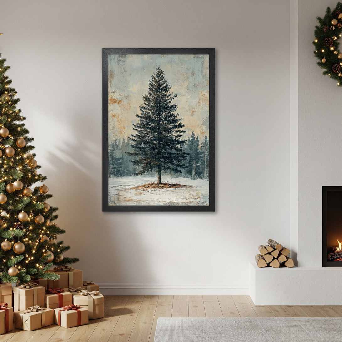 Framed Poster featuring a serene winter forest scene in muted blues and greens. Perfect for adding a touch of nature-inspired art to your home decor.
