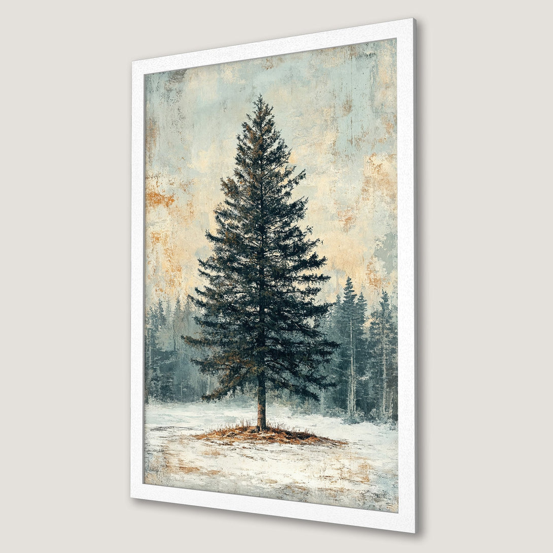 Framed Poster featuring a serene winter forest scene. Rustic style with a muted blue, brown, and green color palette. Perfect wall art!