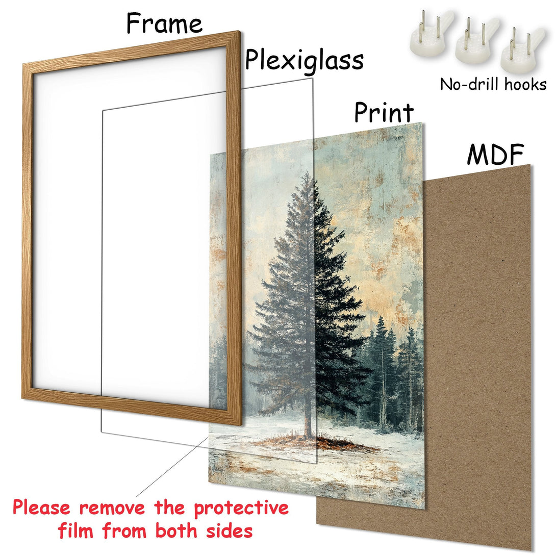 Framed Poster of a winter forest scene. Rustic style with a muted blue and brown color palette. Perfect wall art for your home!