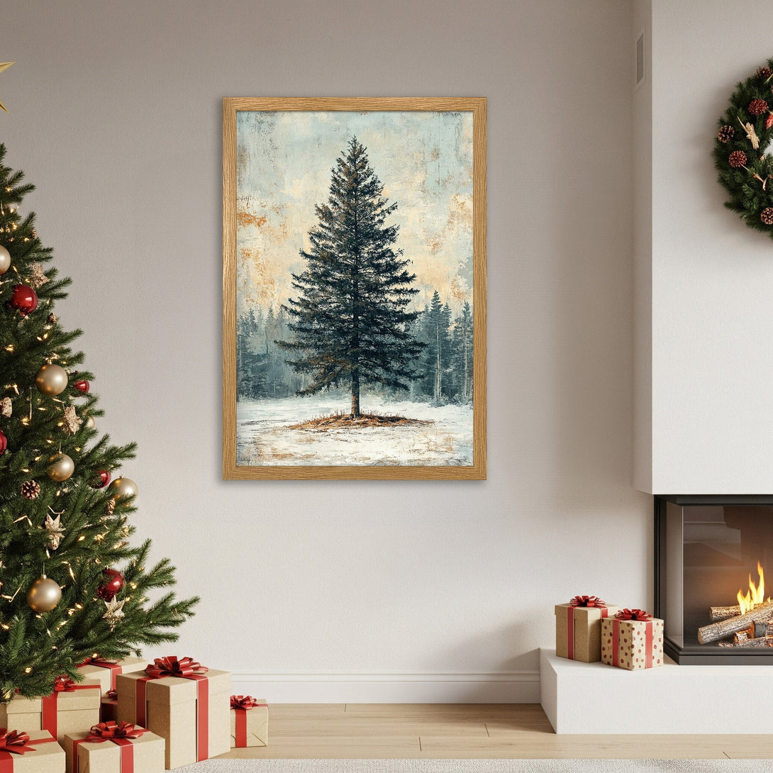 Framed Poster featuring a winter tree landscape in muted blues and golds. Perfect for cozy home decor.