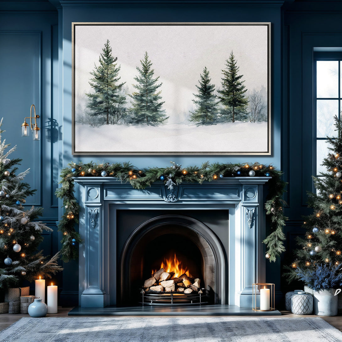Framed Wall Art: Watercolor winter forest scene in cool blue and green tones. Perfect for cozy, elegant home decor. Shop our Canvas Print collection!