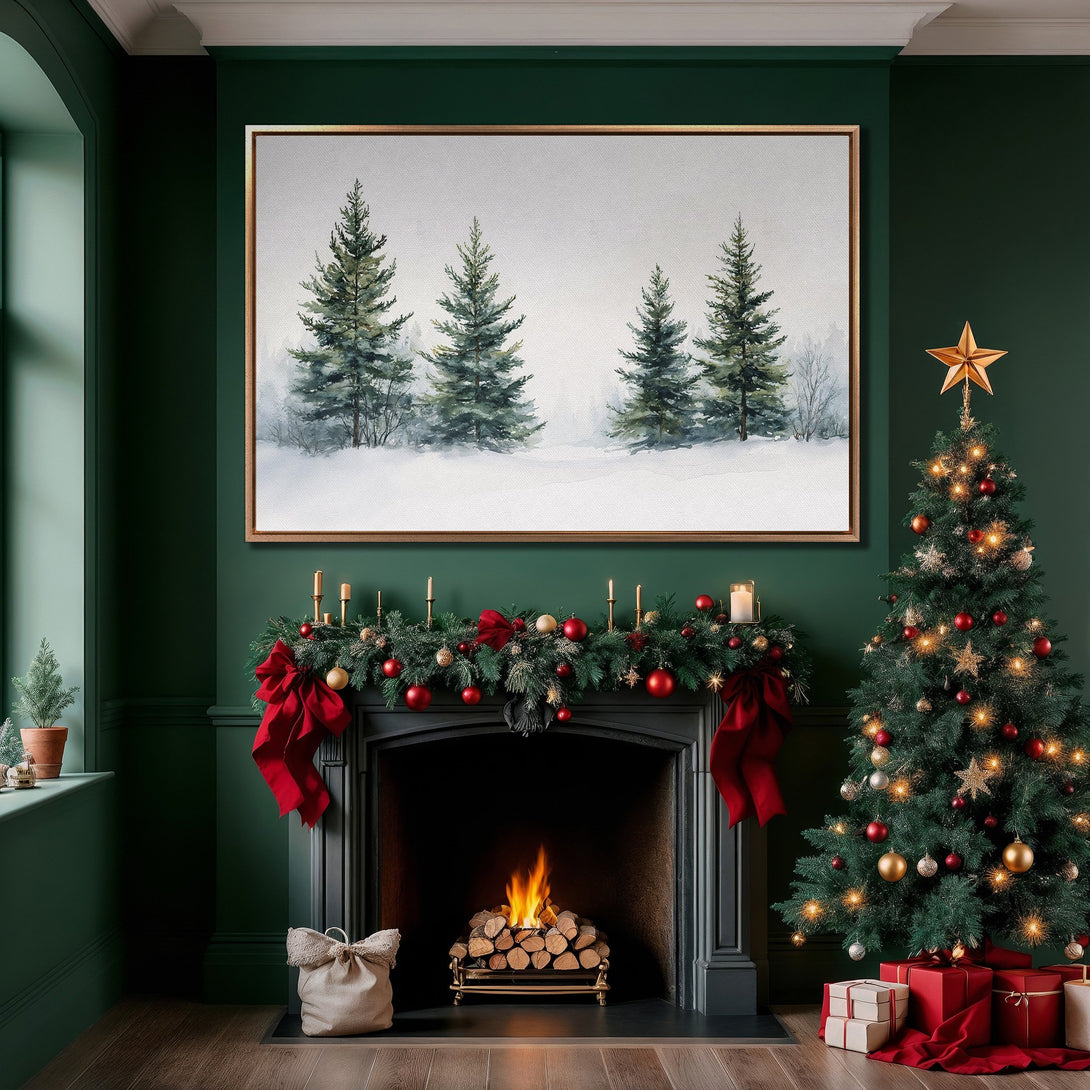 Framed Wall Art: Watercolor winter forest scene with green, white, and gold tones. Adds cozy charm to a Christmas-decorated interior. Perfect holiday decor!