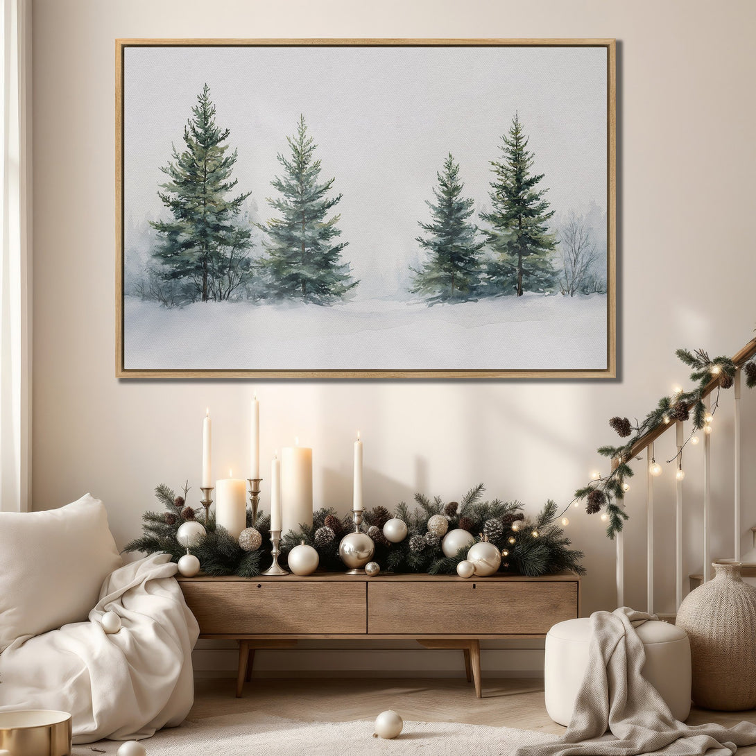 Framed Wall Art featuring a watercolor winter forest scene with pine trees. Serene, muted green and white color palette. Perfect for adding cozy, natural decor.