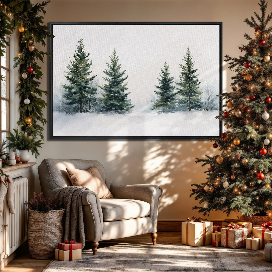 Framed Wall Art: Watercolor winter forest scene in green and white, perfect for holiday decor. Cozy interior with Christmas tree and gifts.