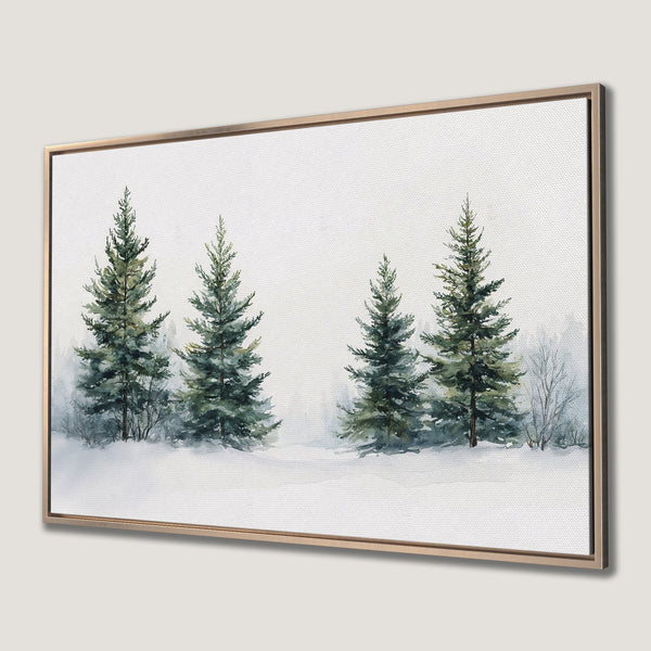 Framed Wall Art: Watercolor winter forest scene with evergreen trees. Serene, cool color palette of greens, whites, and blues. Perfect for a cozy home!