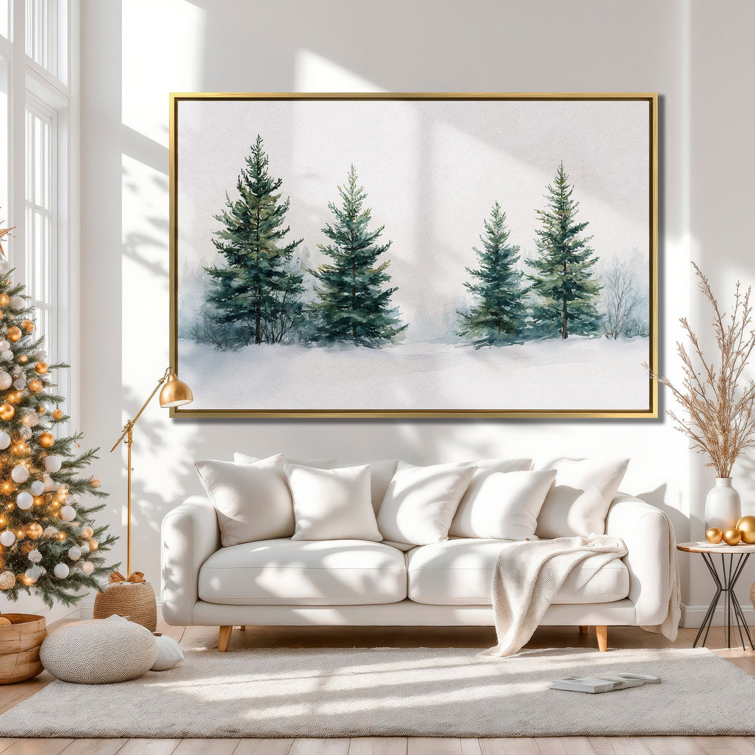 Canvas Print of winter forest scene in watercolor style, featuring green and blue hues. Perfect for cozy home decor.