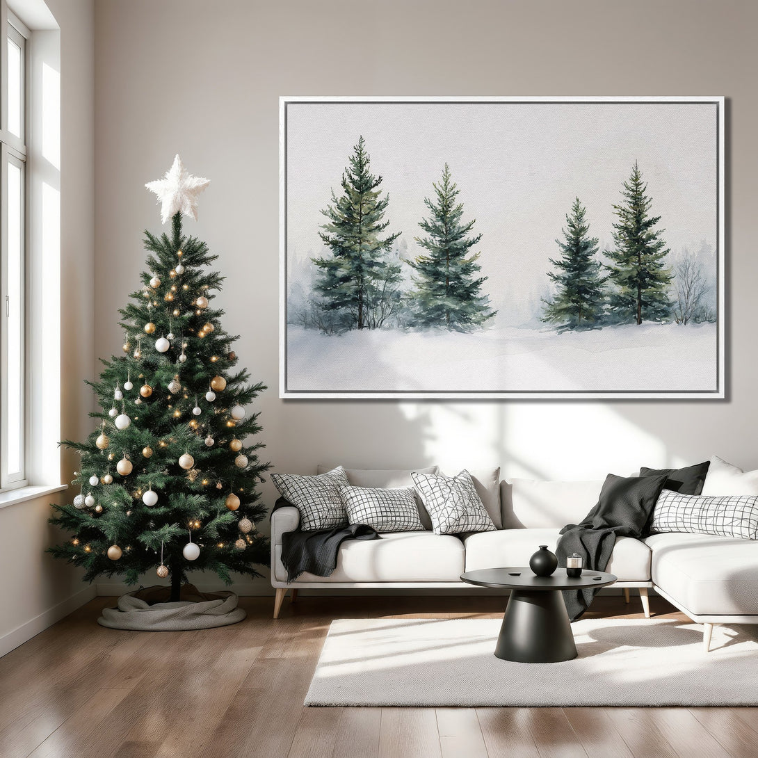 Framed Wall Art: Watercolor evergreen trees in winter scene, neutral color palette. Perfect for cozy living rooms. Shop our Canvas Print collection today!