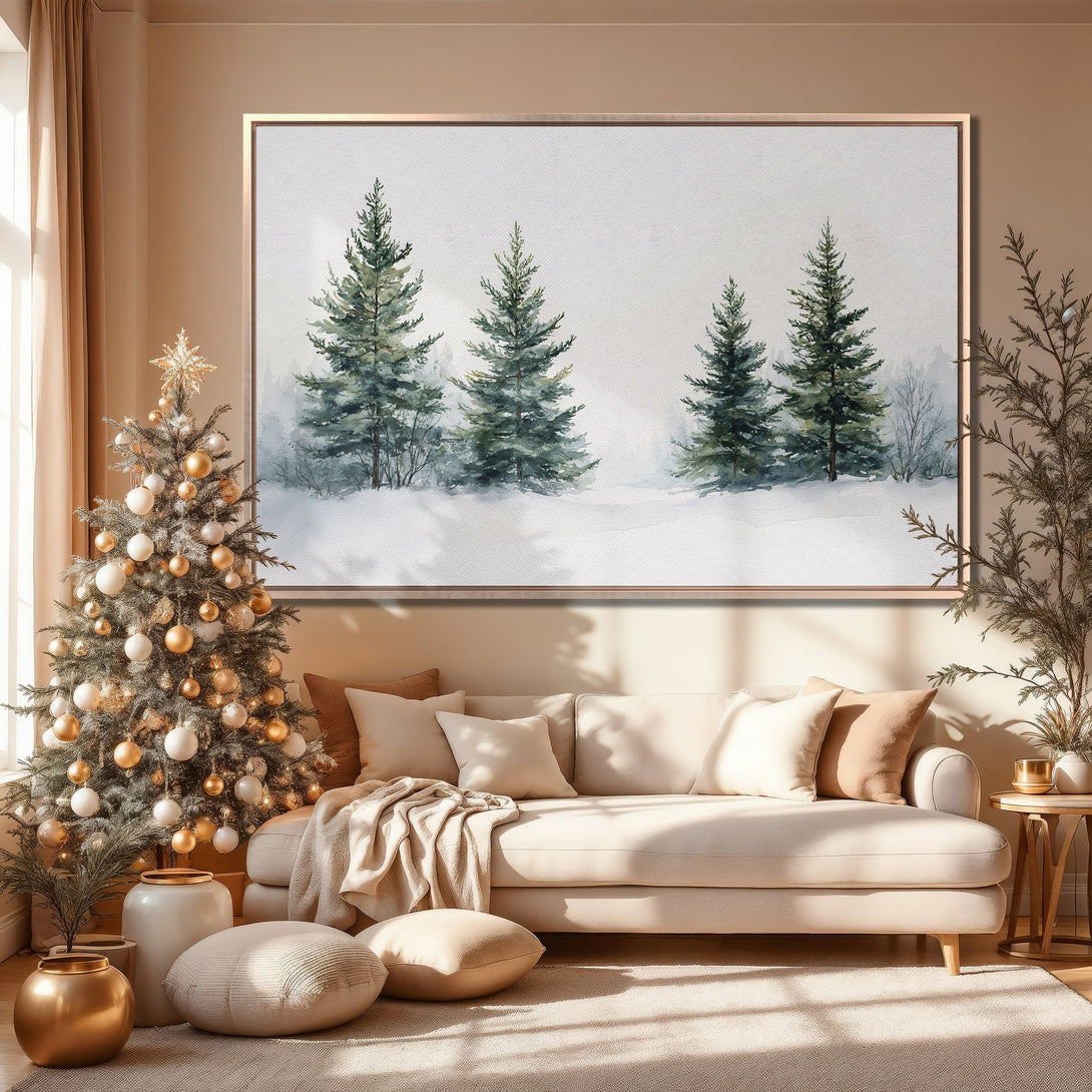 Framed Wall Art: Watercolor winter forest scene in cool green and neutral tones. Perfect for adding a touch of nature to your home decor.