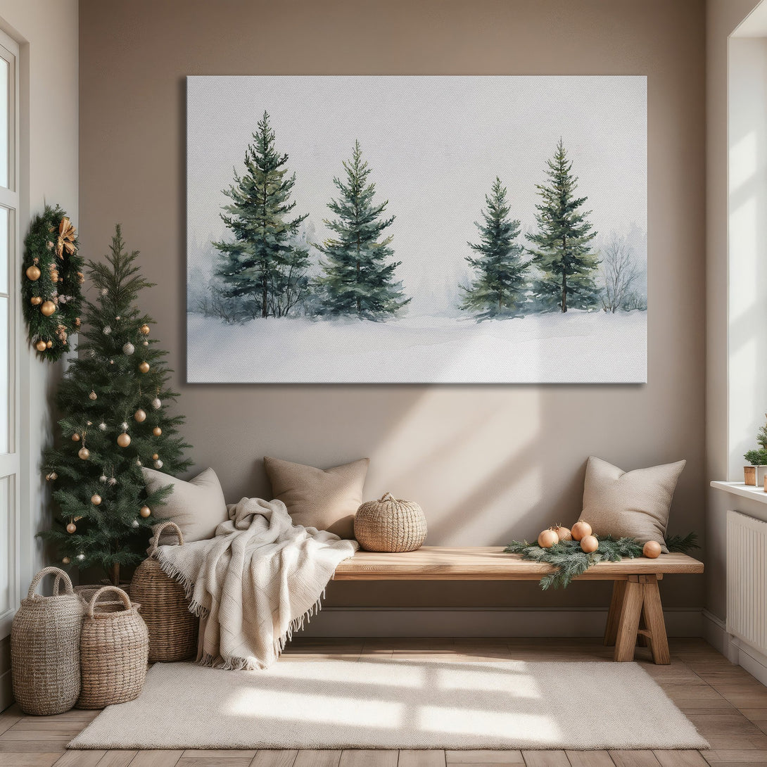 Framed Wall Art: Watercolor winter forest scene in green and white. Perfect for cozy living room decor. Add a touch of nature to your space!