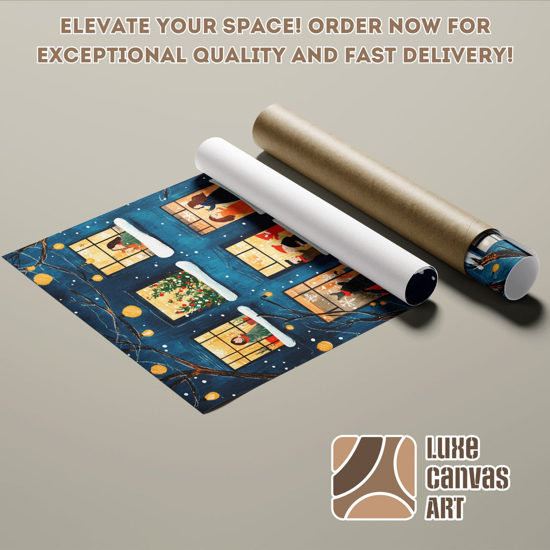Poster Roll featuring a whimsical winter scene in a blue and gold color palette. Perfect art for your home!