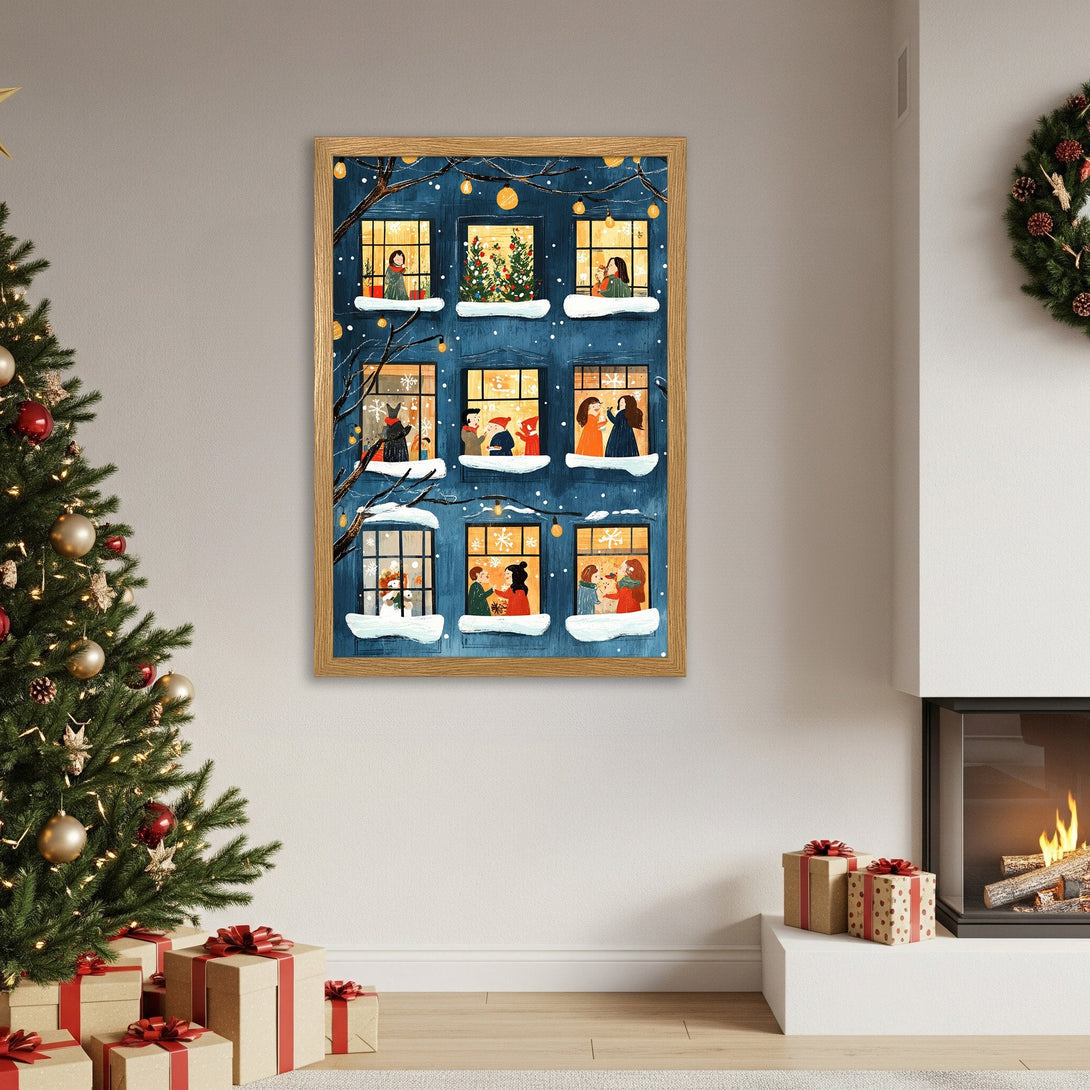 Framed Poster featuring a cozy winter scene with a blue and gold color palette. Perfect holiday decor!