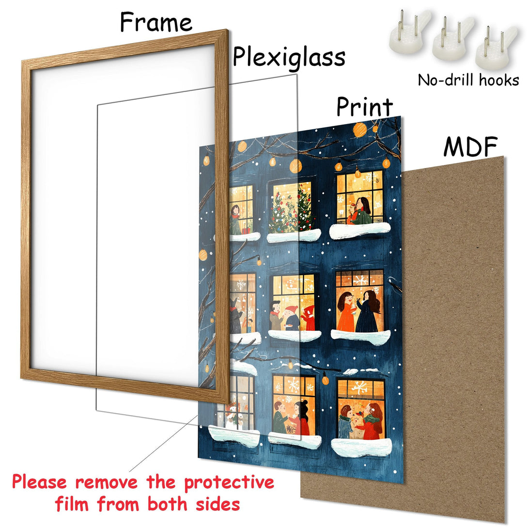 Framed Poster featuring a cozy winter scene with a blue and warm color palette. Perfect holiday decor!
