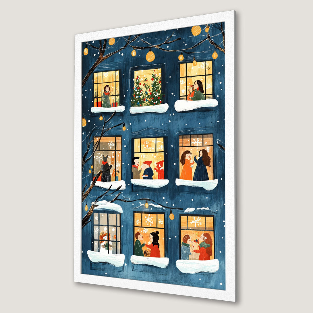 Framed Poster: Cozy winter scene with people in windows, warm colors on a blue background. Whimsical illustration style, perfect for holiday decor.