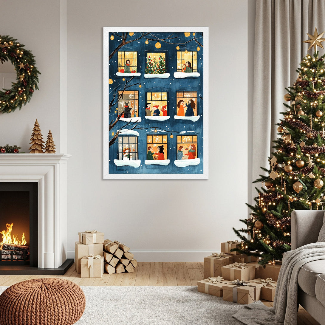 Framed Poster of a cozy winter scene with a blue and gold color palette, perfect for holiday decor.