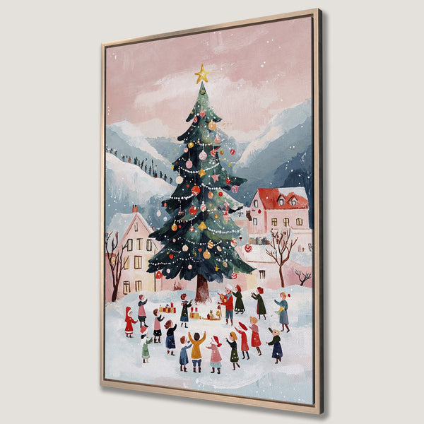 Framed Wall Art: Festive Christmas scene with a decorated tree, children, and houses in a snowy village. Soft pastel color palette. Perfect holiday decor!