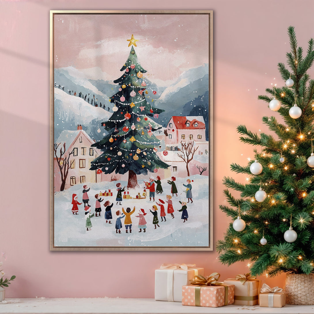 Framed Wall Art: Whimsical Christmas scene with a decorated tree, children, and snow. Pastel color palette adds warmth and charm. Perfect holiday decor!