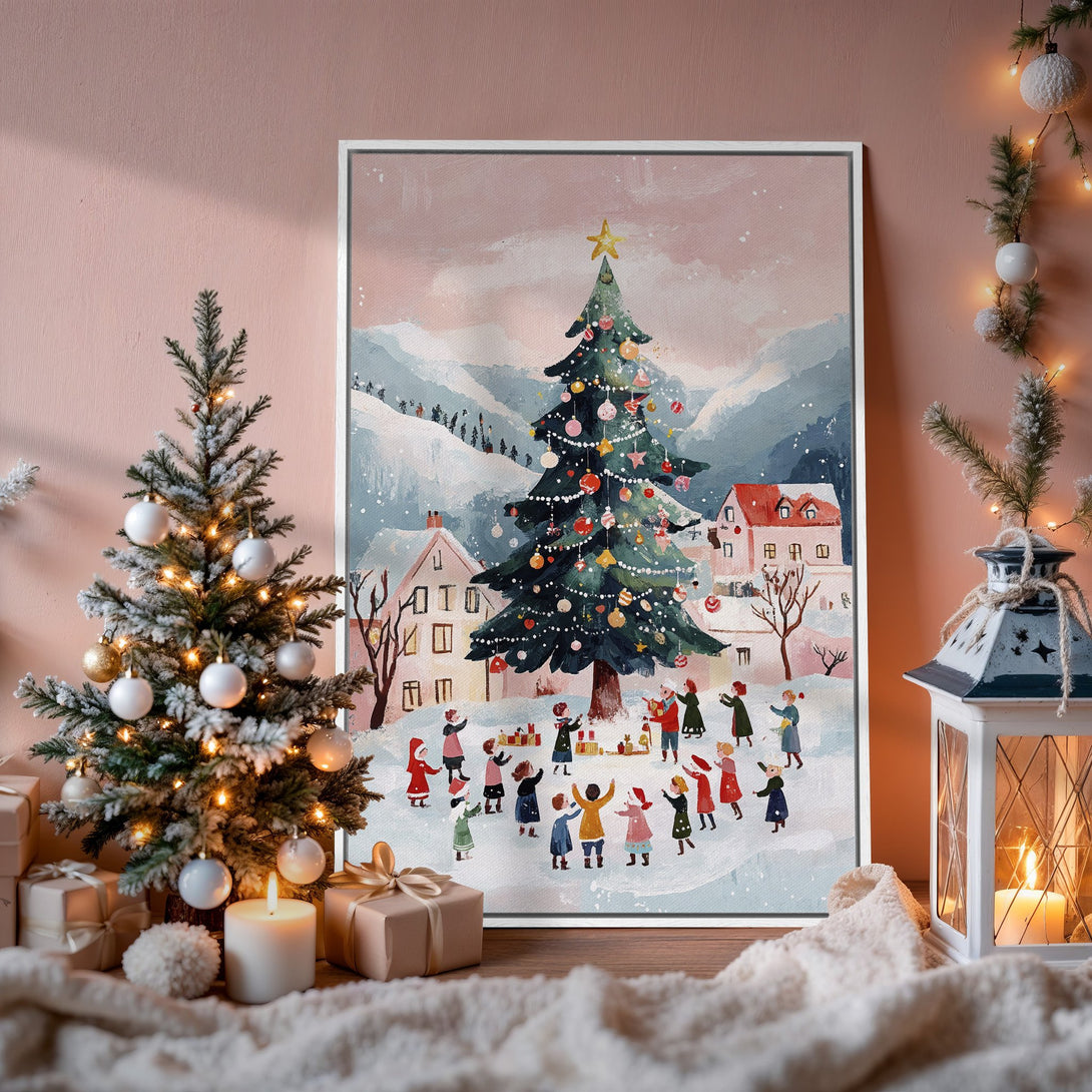 Framed Wall Art: Festive Christmas scene with a decorated tree, a snowy village, and a warm pink and blue color palette. Perfect holiday decor!