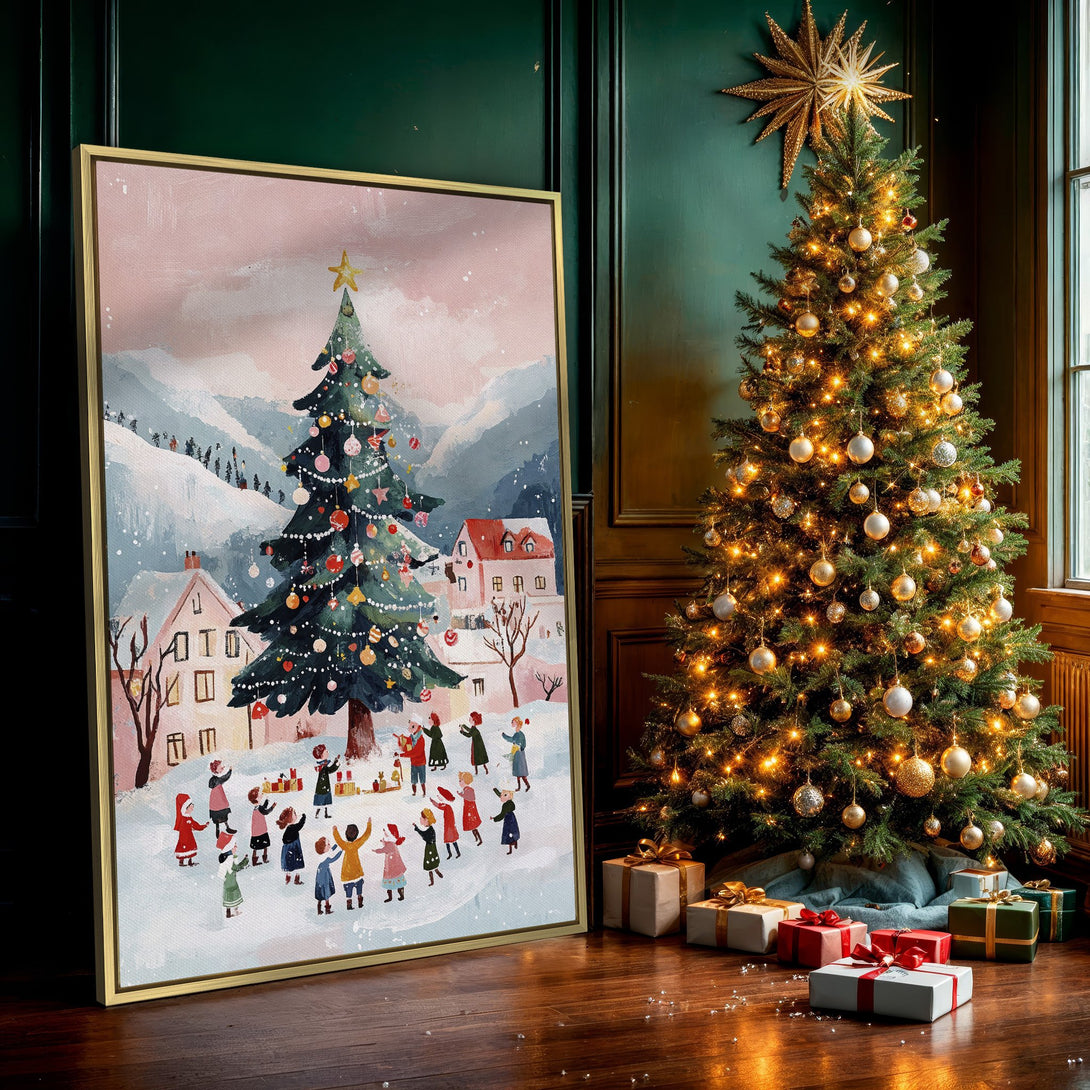 Canvas Print of a whimsical Christmas scene with a decorated tree, children, and a soft pink and blue color palette. Perfect holiday wall art!