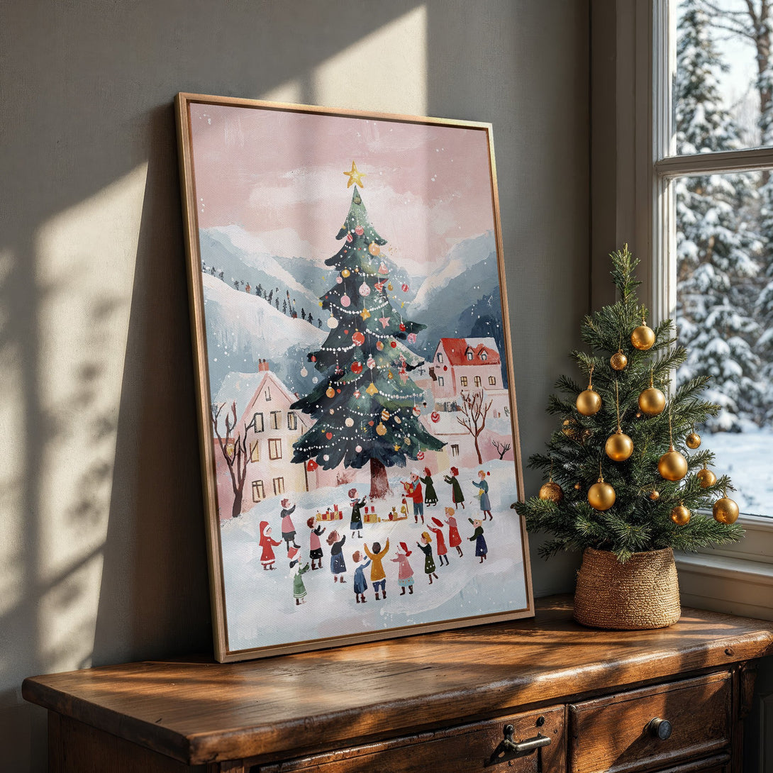 Framed Wall Art: Charming winter village scene in soft pinks and blues. Festive Christmas decor for your home. Add warmth and joy with this beautiful canvas print.