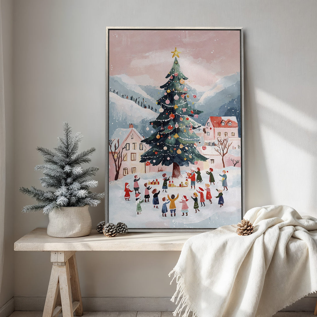 Framed Wall Art: Whimsical Christmas scene Canvas Print with a festive tree, children, and a soft, pastel color palette. Perfect holiday decor!