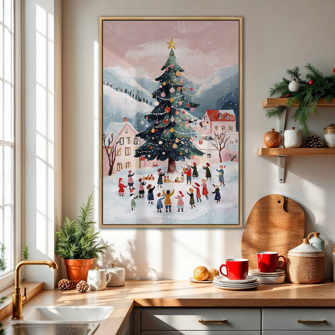Framed Wall Art: Whimsical Christmas scene canvas print in soft pastel colors. Perfect holiday decor for your home. Shop now!
