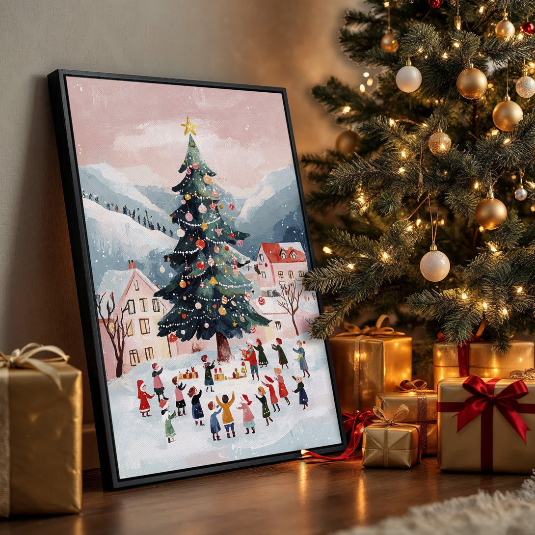 Framed Wall Art: Festive Christmas scene with a snowy village, colorful figures, and a decorated tree. Soft pastel palette, perfect holiday decor.