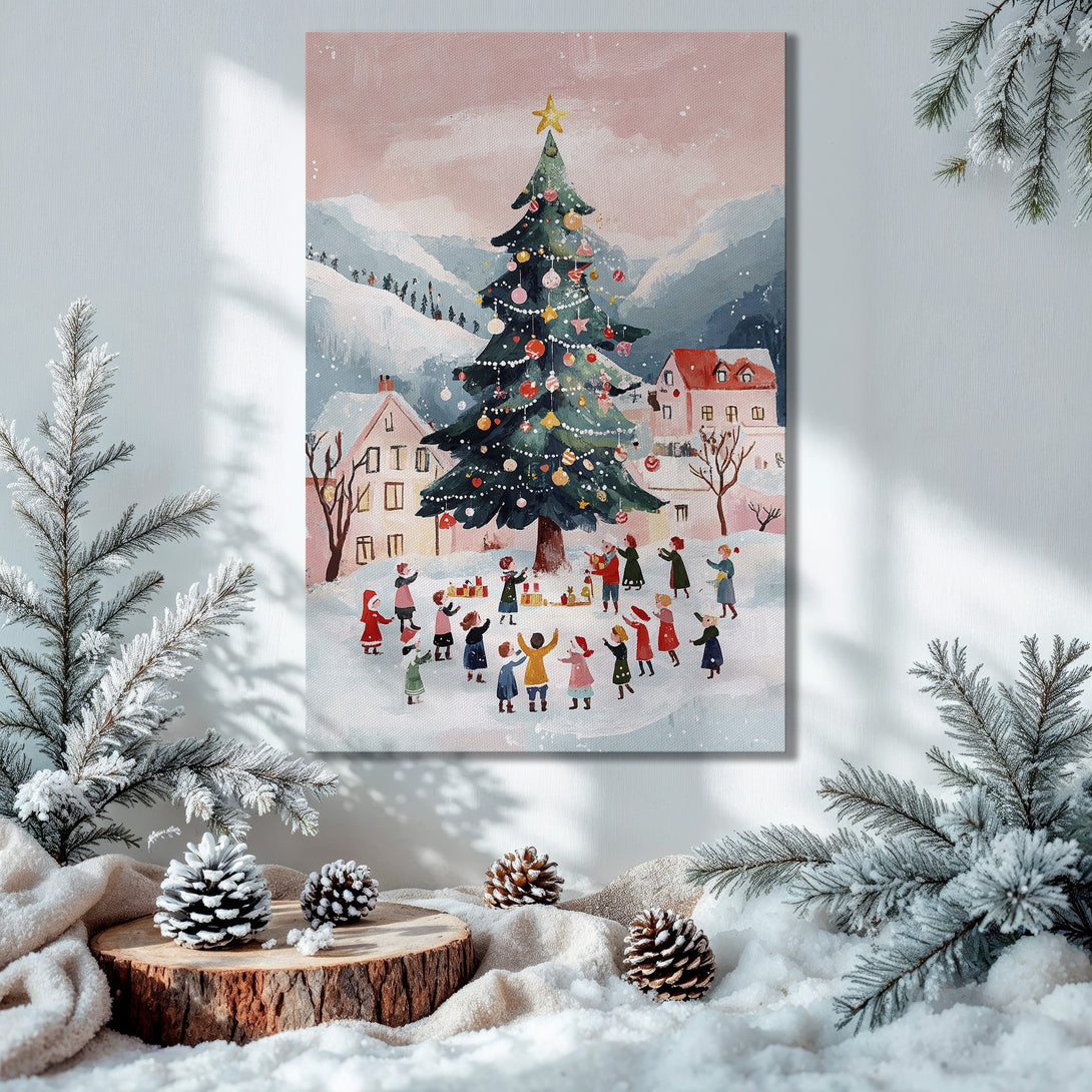 Framed Wall Art: Festive winter scene canvas print with a warm color palette, perfect for holiday decor. Shop now!